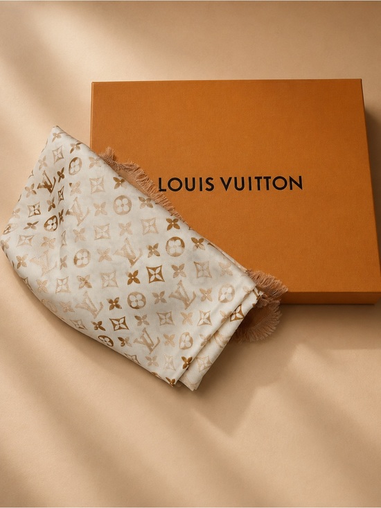Louis Vuitton Accessories - Louis Vuitton Cream and Gold Monogram Tag Detail Scarf